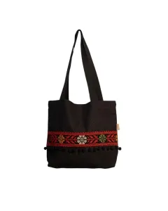 حقيبة يد سوداء بتطريز - 35×40 سم، طول اليد 70 سم