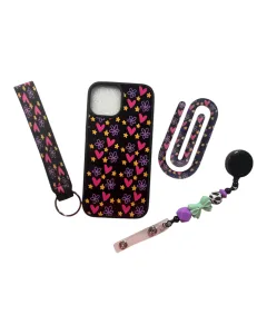 Gift Package of Phone Case + Accessories - Hearts & Stars Black Theme (iPhone 14/15/16 & Galaxy S24/S25 Models)
