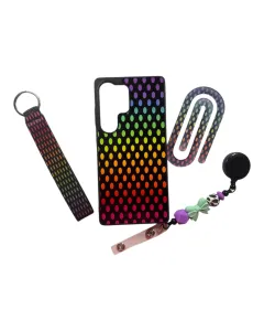 باقة هدايا غطاء هاتف + إكسسوارات بنقشة قوس قزح منقّط (متوافق مع iPhone 14/15/16 و Galaxy S24/S25)