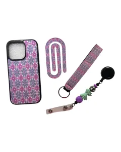 باقة هدايا غطاء هاتف + إكسسوارات باللونين الزهري والبنفسجي (متوافق مع iPhone 14/15/16 و Galaxy S24/S25)