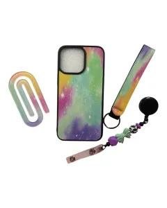 باقة هدايا غطاء هاتف + إكسسوارات بنقشة السديم الملون (متوافق مع iPhone 14/15/16 و Galaxy S24/S25)