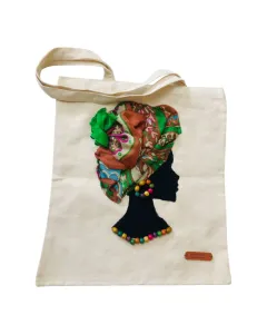 Handmade Beige Tote Bag with Appliqué – African Girl Design