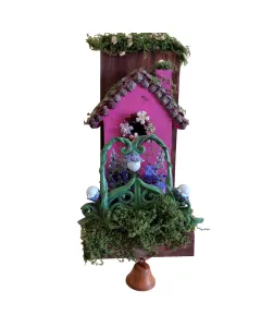 Fuchsia Wooden Cottage on Base – Decorative Miniature