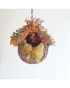 Straw Bird Cottage with Autumn Leaves & Yellow Ribbon