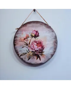 Vintage Round Wooden Wall Art – Purple Flowers – Ø18 cm
