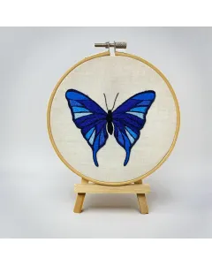 Blue Butterfly Embroidered Hoop – 15 cm Wooden Circle