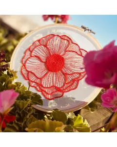 Red Flower Embroidered Hoop on Sheer Fabric – 15 cm Wooden Circle