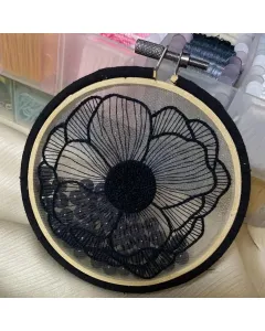 Black Flower Embroidered Hoop on Sheer Fabric – 10 cm Wooden Circle