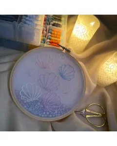 Sea Shells Embroidered Hoop on Sheer Fabric – 15 cm Wooden Circle