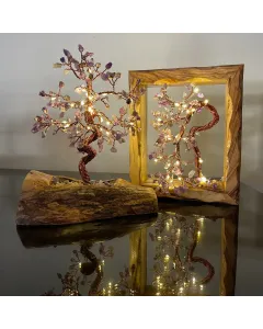 Set of Two – Light Violet Gemstone Trees on Olive Wood Frame & Base (20×16 cm)