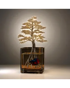 Silver Metal Bonsai Tree with Fish Bowl – Large 40 cm (Resin-Sealed & LED Light)