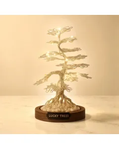 Silver Metal Bonsai Tree – Medium 20 cm with Oak Wood Base & LED Light