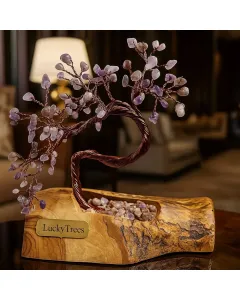 Amethyst Gemstone Light Tree on Natural Olive Wood Base – 20×16 cm