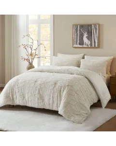 Nova Home Geotri Winter Embroidered Fur Comforter Set with Micro Mink Backing - King/Super King - Ivory