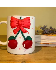 Customizable Cherry Mug – Handmade Polymer Clay Art on Ceramic (Durable, Long-Lasting Colors)