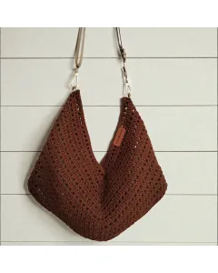 حقيبة كروشيه بني واسعة من خيوط 55% قطن مع سحّاب وبطانة داخلية