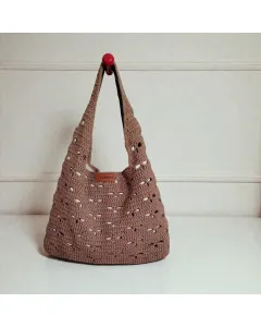 حقيبة كروشيه بني فاتح 27×35 سم من خيط قطني مع بطانة وقفل مغناطيسي