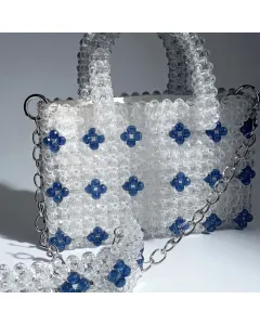 شنتة خرز كريستال يدوية – أبيض وأزرق – قابلة لتغيير اللون