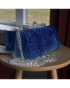 شنتة خرز كريستال بلاستيك يدوية بفريم معدن – كحلي – قابلة لتغيير اللون