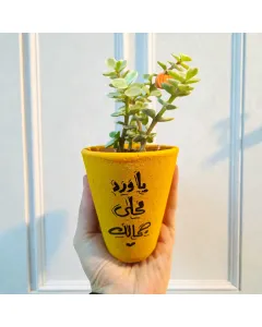 كاسة فخار يدوية مرسومة يدويًا مع زريعة صبار 15×5 سم وعبارات تحفيزية مكتوبة بخط اليد – قابلة للتخصيص بالكامل للديكور المنزلي والمكتبي والهدايا