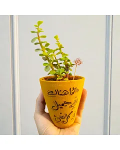 كاسة فخار يدوية مرسومة يدويًا مع زريعة صبار 15×5 سم وعبارات تحفيزية مكتوبة بخط اليد – قابلة للتخصيص بالكامل للديكور المنزلي والمكتبي والهدايا
