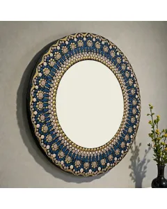 مرآة دائرية رسم يدوي بفن الماندالا المنقطة – زجاج بإطار مزخرف (قطر 40 / 50 / 60 سم)