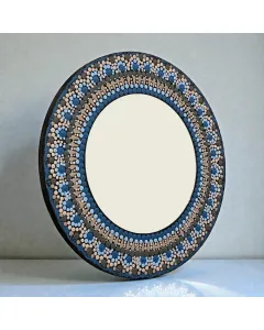 مرآة دائرية رسم يدوي بفن الماندالا المنقطة – زجاج بإطار مزخرف (قطر 40 / 50 / 60 سم)