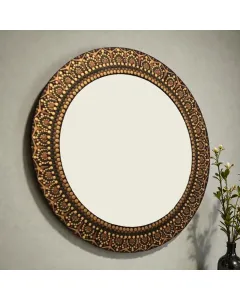 مرآة دائرية رسم يدوي بفن الماندالا المنقطة – زجاج بإطار مزخرف (قطر 40 / 50 / 60 سم)