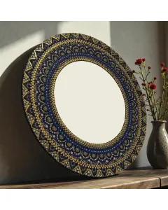مرآة دائرية رسم يدوي بفن الماندالا المنقطة – زجاج بإطار مزخرف (قطر 40 / 50 / 60 سم)