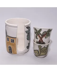 طقم فناجين قهوة خزفي يدوي مع حاضنة – سادة