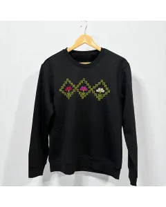 سويتشيرت كرو-نك شتوي أسود مطرز يدويًا – قطن مخلوط، مقاسات S–XXL