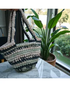 حقيبة سلة كروشيه كبيرة (38×27 سم) – أجواء الغابة، خيوط تيشيرت