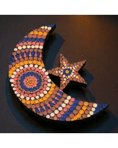 Hand-Painted Wooden Mandala Wall Art – Crescent & Star Shape – Ramadan Décor – Customizable – 8×20 cm / 10×26 cm